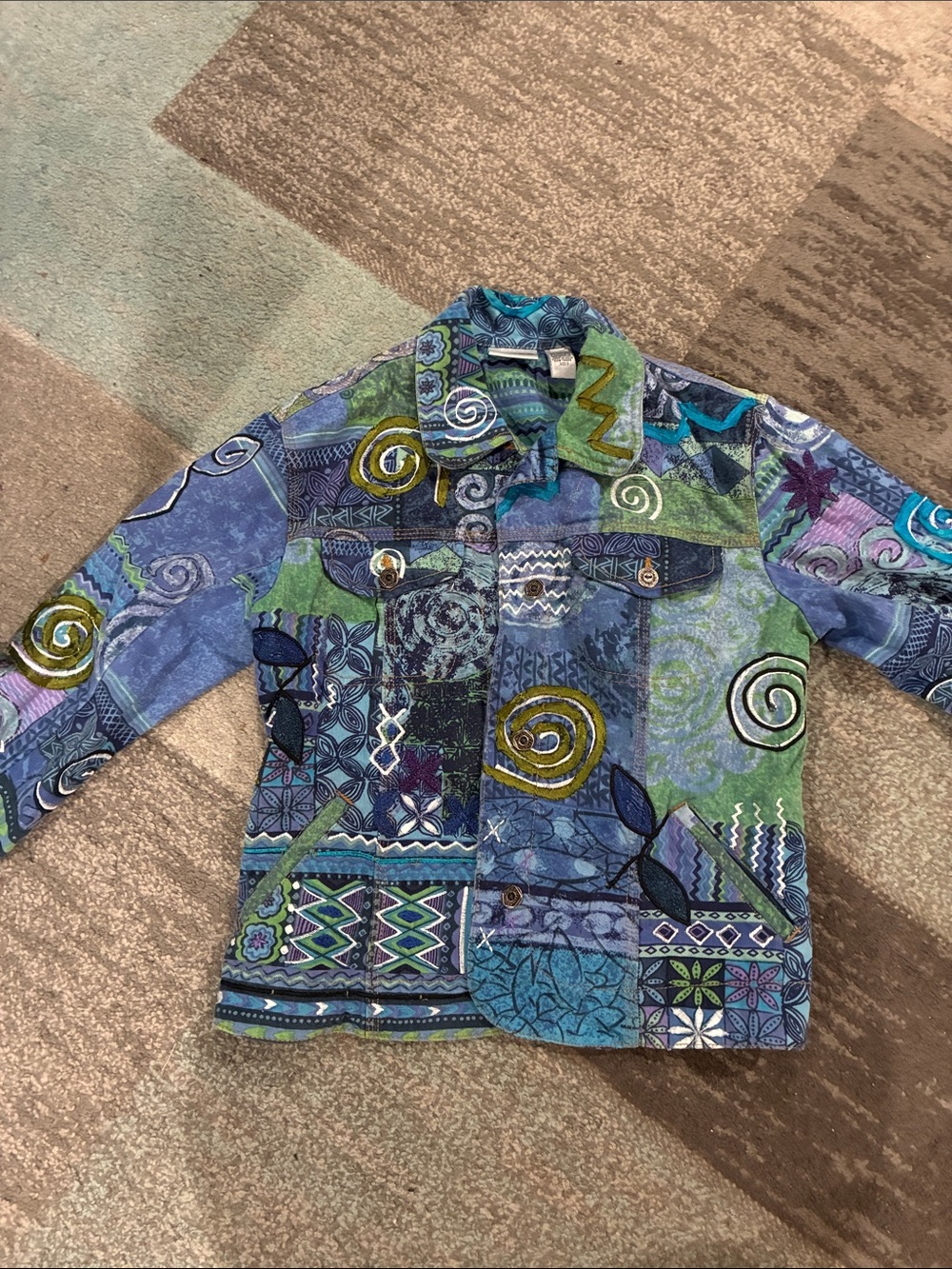 Chico's Blue and Green Patterned Patchwork Jacket